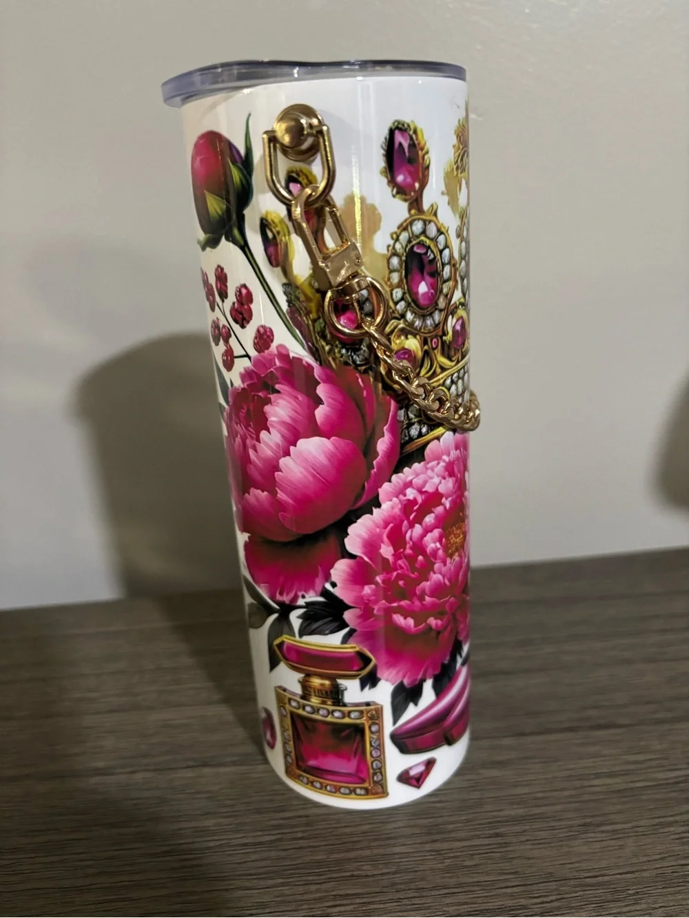 Hand Made Pink Floral & Gold Crown Tumbler